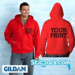 Hoodie met rits en opdruk  voor en achter van sticker uit ons assortiment Hoodie met rits en opdruk  voor en achter van sticker uit ons assortiment
