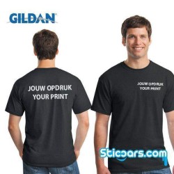 Zwart T-shirt met opdruk  voor en achter van sticker uit ons assortiment Zwart T-shirt met opdruk  voor en achter van sticker uit ons assortiment