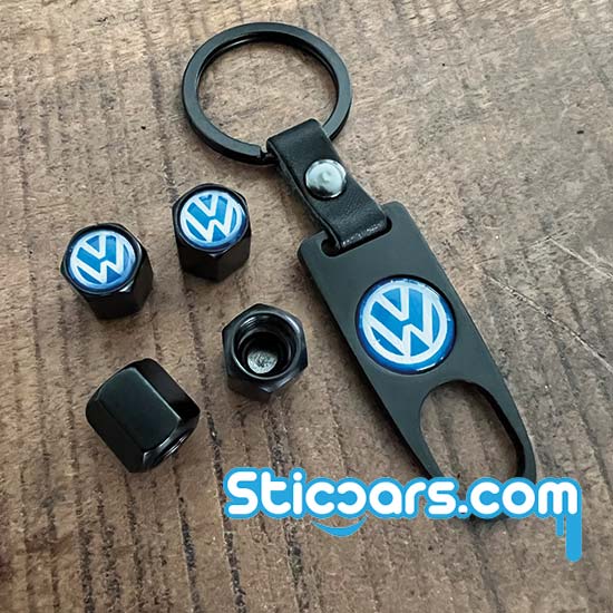 Volkswagen VW Ventieldopjes met sleutelhanger blauw